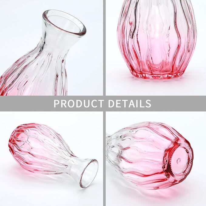 Glass Bud Vases Set of 4, Small Pink Flower Vases for Wedding Centerpieces | Clear Vintage Embossed Mini Vases for Table Decorations, Flower Arrangements in Vases for Party or Home Decor