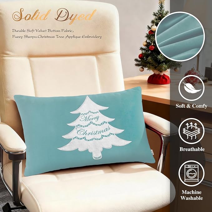 BRAWARM Christmas Pillow Cover 12 X 20 Inches, Teal Christmas Tree Embroidered Lumbar Pillow Cover, Soft Velvet Decorative Throw Pillow for Couch Bed Sofa Living Room Home