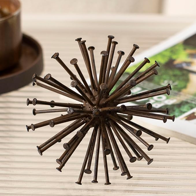 Metal Starburst Sculpture, Spike Tabletop Decorative Sphere, Small Abstract Geometric Urchin Decor Ball, Rusty Iron Table Top Decoration Orb for Home Living Room Bedroom Office Shelf