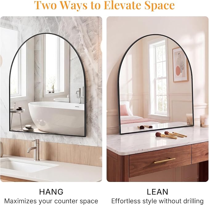 Sweetcrispy 30"x38" Arched Bathroom Mirror, Bathroom Mirrors for Over Sink | Modern Wall Mirrors Arch Decorative for Entryway, Bedroom, Vanity,Horizontal or Vertical Hanging, Black