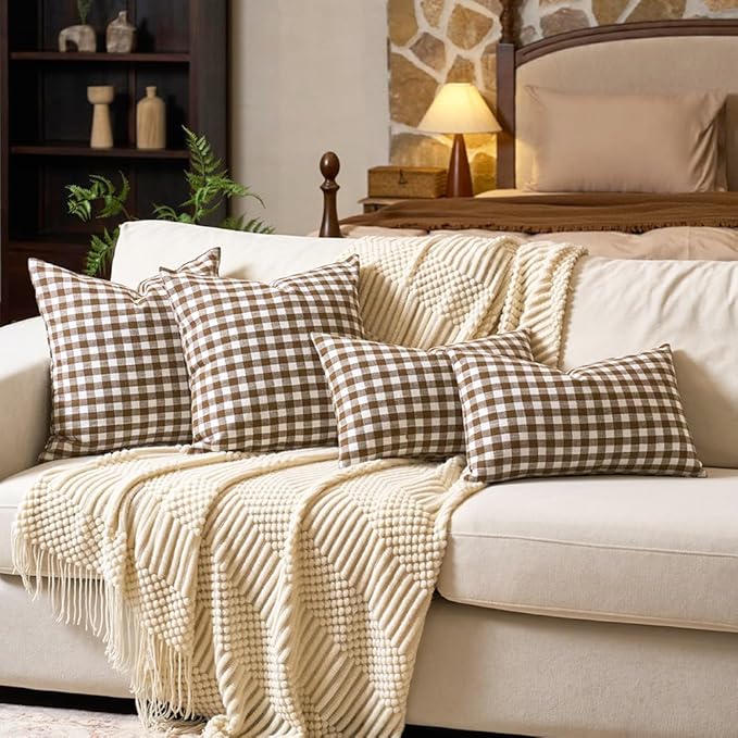 CARRIE HOME Farmhouse Brown Decorative 24x24 Throw Pillow Covers Set of 2, Brown and White Gingham Throw Pillow Covers 24 x 24, Outdoor Khaki Buffalo Plaid Checkered Pillows (No Pillow Inserts)