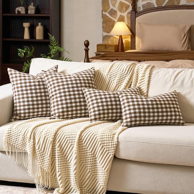 Fall Brown Plaid Gingham Euro Pillow Sham Covers 26x26 Set of 2 for Couch | 26 x 26 Fall European Pillow Covers, Extra Large Pillow Cases, Decorative Pillow Cover for Bed, Cojines Decorativos Para Cama