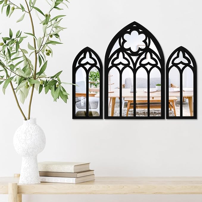 3Pcs Wall Arch Mirrors Set Gothic Wall Mirror Decor Cathedral Arched Mirror Decor Decorative Arched Wall Mirror for Living Room Bedroom Entryway Bathroom Vanity(white)