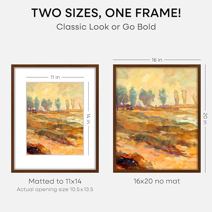 Homeforia 16x20 Brown Oak Picture Frame, High-End Wood, 11x14 Mat, Glass