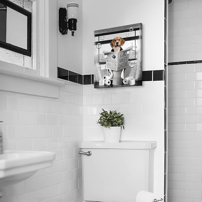 Funny Beagle Dog Wall Art Black and White Farmhouse Bathroom Print - Animal Decor Sitting in Toilet Reading Newspaper Painting - Framed Artwork 12x16 Inch