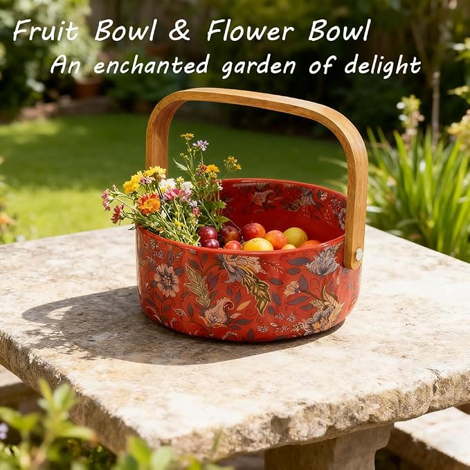 Ceramic Fruit Berry Basket with Detachable Wooden Handle Candy Dish Christmas Decorations Ornaments Decorative Bowl Home Kitchen & Dining Table Office Decor(Red)