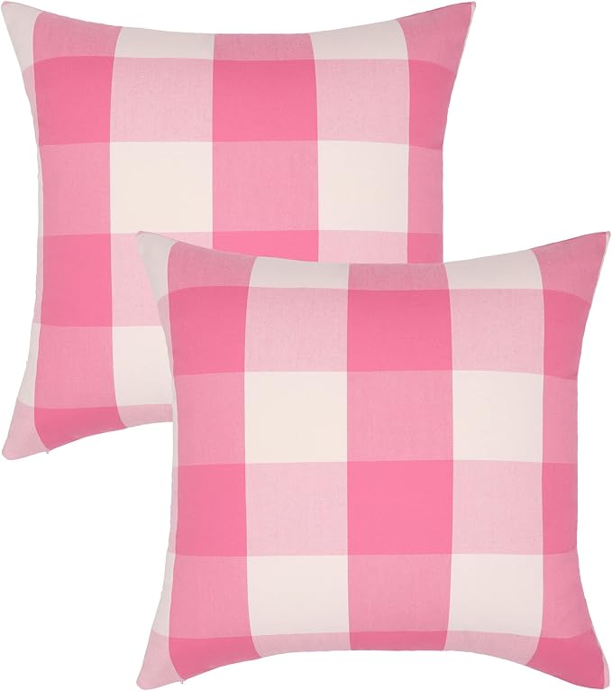 Valentines Day Decorative Throw Pillow Covers Pink and White Buffalo Check Plaid Cushion Cases 16 x 16 in Pack of 2 Farmhouse Decor for Couch Sofa Bedroom Patio Outdoor