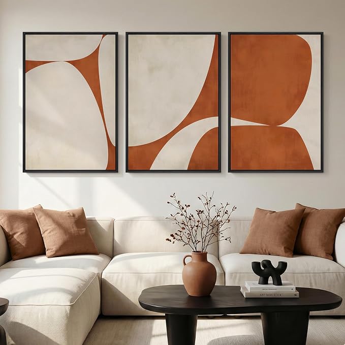 Large Framed Beige Orange Abstract Wall Art for Living Room, 3 Piece 24x36 | Neutral pictures, Canvas prints, Wood frame, Modern artwork, Minimalist paintings, Wall decor for dining room bedroom hallway