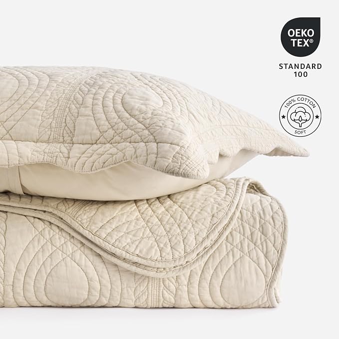 EverGrace 100% Cotton Scallop Quilt Set, Queen Size, Flax Beige | Scalloped Border, Timeless Chic Aesthetic, All-Season Comfort, Perfect French Country Bedroom Decor, 3 Piece Set with 2 Shams