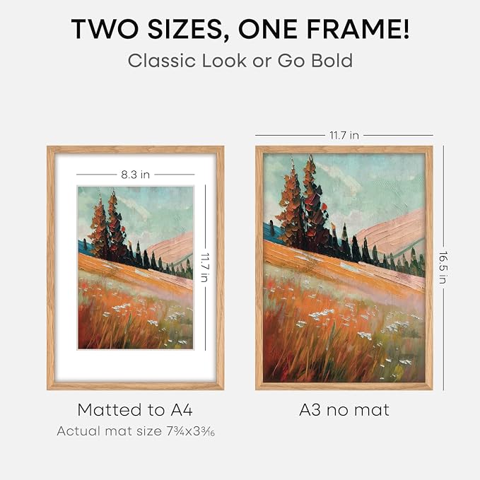 Homeforia A3 Natural Oak Picture Frame, High-End Wood, A4 Mat, Glass