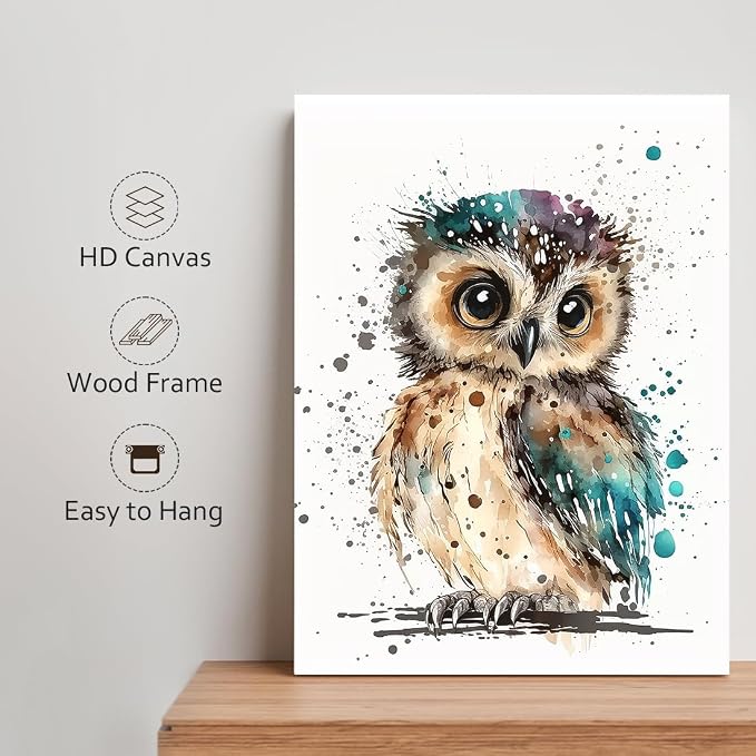 C8BUSIS Cute Owl Canvas Wall Art Watercolor Abstract Animal Prints Splash-ink Bird Pictures Modern Framed Artwork for Bedroom Living Room Kitchen Bathroom Office Farmhouse Wall Decor, 12"x16"