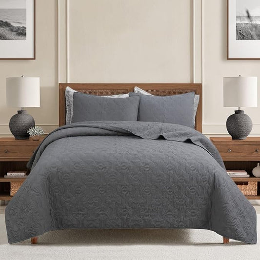 Cozy Line Home Fashions Charcoal Gray Cotton Quilt Set – 3-Piece Solid Textured Quilted Bedspread with Shams, Lightweight All Season Modern Bedding (Geometric - Gray, Queen - 3 piece)