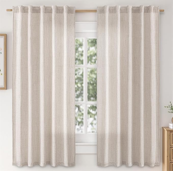 MIULEE Faux Linen Curtains 54 Inch Length 2 Panels Natural Beige Semi Sheer Curtain with Back Tab Rod Pocket, Light Filtering Window Privacy Burlap Drapes for Living Room Bedroom 42W x 54L