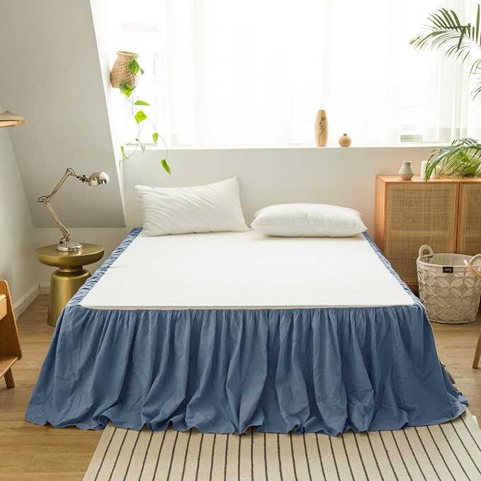 BISELINA French Linen Bed Skirt with Pleated Frills 14-Inch Tailored Drop Natural Flax Cotton Blend Dust Ruffle Soft Cozy Farmhouse Bedding (14" Twin, Navy Blue)