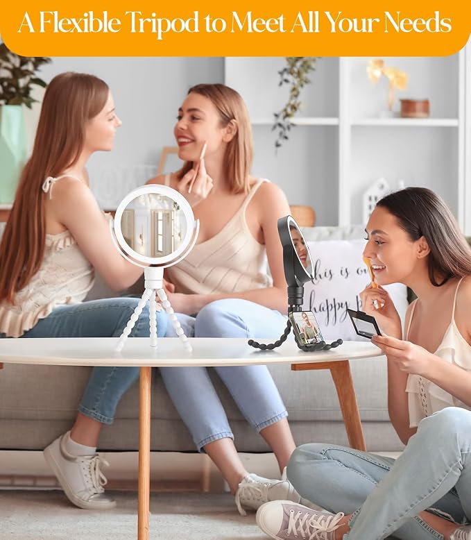 Gospire 5.85” Tripod Travel Makeup Mirror with Light and Magnification | 1X/10X, 4 In 1 Winding Hanging Handheld Tabletop, 3 Light Colors, Adjustable Brightness – Black