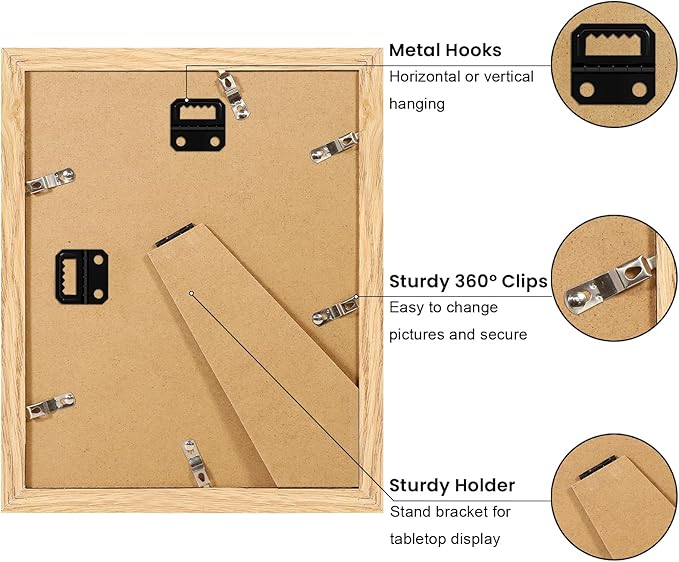 YESKAY 8x10 Picture Frame Set of 9, Display Pictures 5x7 with Mat or 8 x 10 Without Mat, Multi Photo Frames for Wall Mounting or Table Top Display, Natural Oak