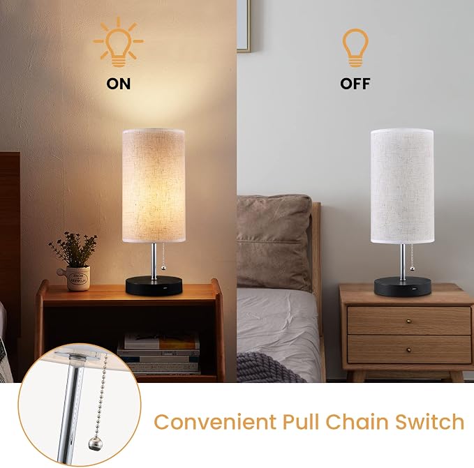 Siljoy Modern Desk Lamp, USB Table Lamp, Bedside Table & Desk Lamp with Black Wooden Base & Soft Ambient Lighting, Useful USB Charging Ports Perfect for Table in Bedroom Living Room or Office