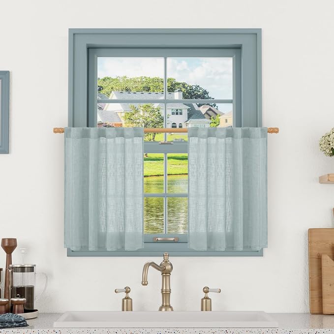 Short Kitchen Linen Curtains 24 Inch Length for Small Windows | Semi Sheer Light Filtering Panels, Cafe Drapes for Half Window, Rod Pocket Back Tab, Greyish Blue. 2 Panels, 25 x 24 Inch
