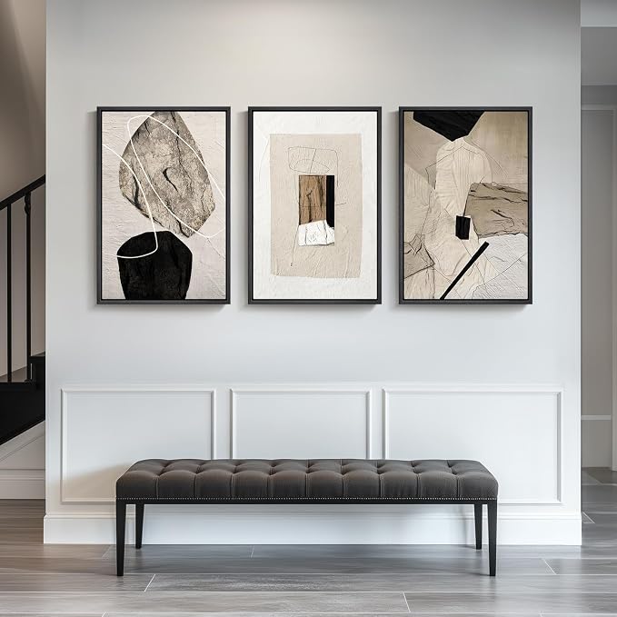 Large Framed Neutral Abstract Wall Art for Living Room,Set of 3, 24x36 In | Black and beige modern pictures, Canvas prints, Minimalist painting, Artwork for walls, Wall decor for bedroom office hallway