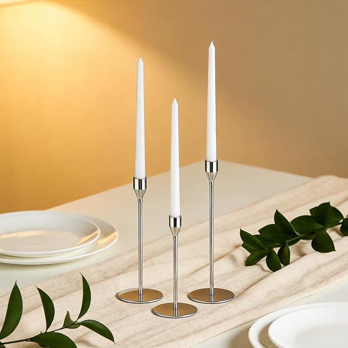 Candlestick Holders, Set of 6 Taper Silver Candle Holder Decor for Date, Festival, Wedding, Party, Dinning or Anniversary, Fit 3/4" Thick Pillar Candles & Led Candles