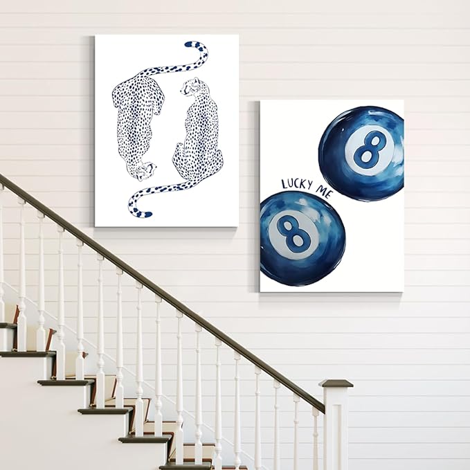 GELDSTEI Wrapped Canvas Blue Leopard 8 Ball Wall Art Set of 3, 12x16 in | Blue Modern Lips Lucky 8 Ball Leopard Print Wall Decor, Bold Fun Gift for Teens and Animal Lovers