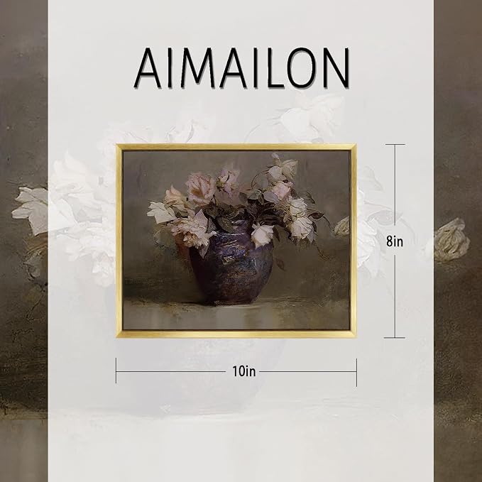 AIMAILON Framed Pink Flower and Plant Pattern,Aesthetic Still Life Art 8x10 | golden frame, easy to hang, classical natural theme, suitable for living room decoration paintings