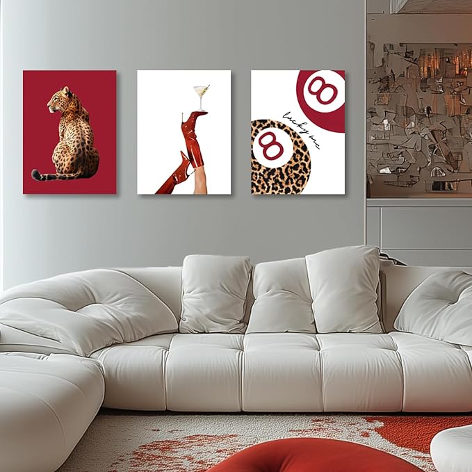 GELDSTEI Wrapped Canvas Trendy Red Cheetah Wall Art Set of 3, 16x24 in | Red Leopard Trendy Wall Decor, Boots Cheetah Lucky 8 Ball Art Prints, Trendy Modern Gift for Bedrooms and Fashion Lovers