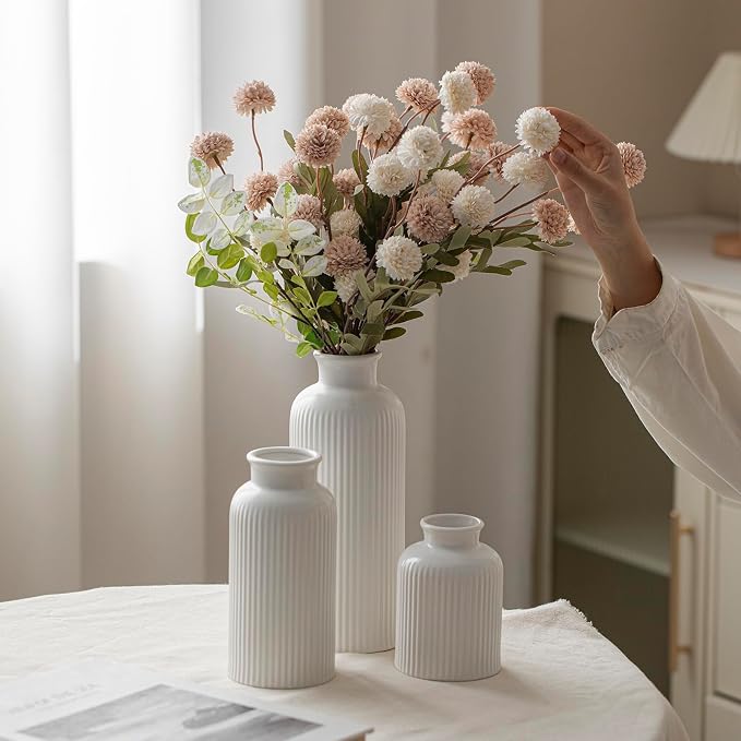 Large Modern Ceramic Vase Set, White Ribbed Matte Design, 10 Inch Tall, 4 Inch Width, 3-Piece Decorative Vases for Home, Living Room, Office (XL Matte Glaze White)