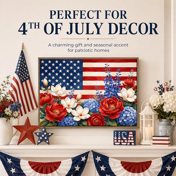 American Flag Framed Canvas Wall Art, 4th of July Floral Canvas Prints | Wildflower Landscape Poster Print, Vintage Rustic Independence Day Wall Decor for Bedroom Living Room Office 8×10in