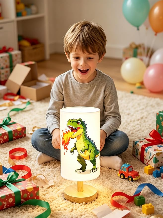 Dinosaur Lamp Kids Lamps for Bedrooms Boys, 3 ColorsNightstand Light Lamp, Round Wood Base Flaxen Fabric Desk Lamp for Kids Room, Dino Lamp Gift for Boy (LED Bulb Included) (Dinosaur)