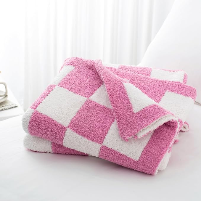 Carriediosa Checkered Throw Blanket 50x60, 400GSM Ultra Soft Microfiber | Hot Pink, Fuzzy Fluffy Cozy Plush Knit Knitted Plaid Checker, Lightweight Cute Preppy Fall Blankets & Throws for Couch, Bed