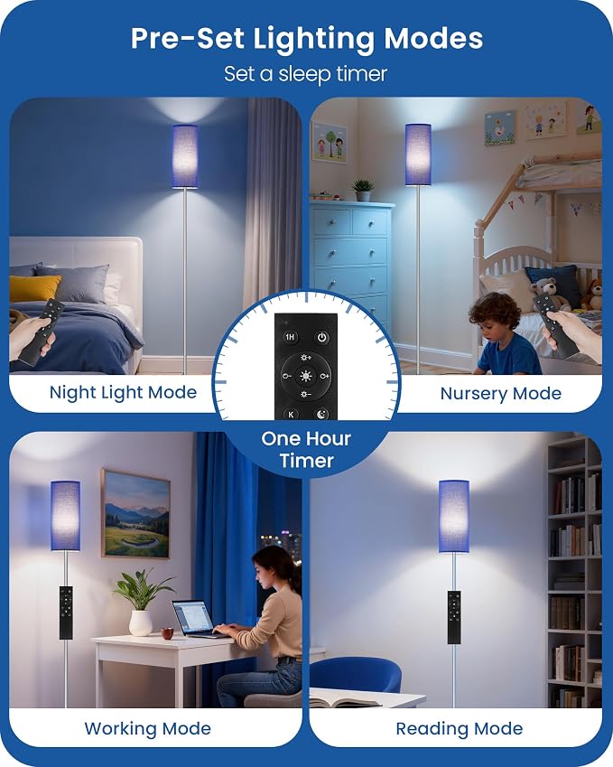 Dimmable Floor Lamps for Living Room with Remote and Foot Switch, 64.4” Modern Standing Tall Lamp, Corner Lamp for Bedroom, Office, Bulb Included, 3000K-6500K, Blue and Silver, FCC Listed SU06LD05W1