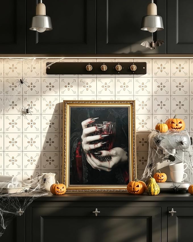 WHASAYART Vintage Gold Framed Vampire Hands Canvas Wall Art | Dark Academia Red Wine Glass Poster, Victorian Gothic Wall Decor for Halloween & Bathroom, 13x16" Waterproof Canvas Painting