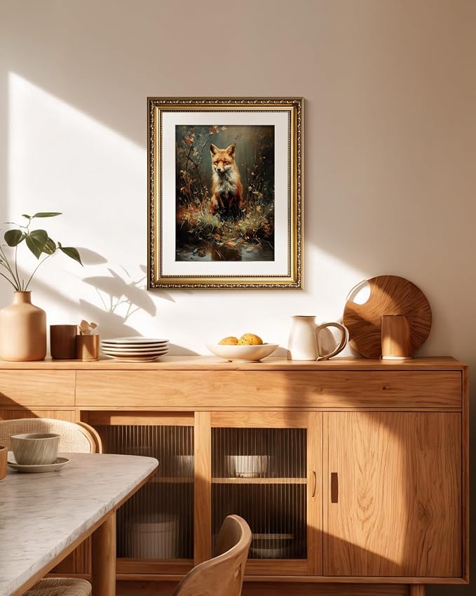WHASAYART Vintage Gold Framed Wildlife Waterside Fox Canvas Wall Art | Elegant Animal Autumn Forest Tones Painting, Classic Nature Living Room Bedroom Wall Decor, 13x16" Waterproof Canvas Painting