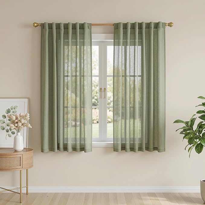MYSKY HOME Sage Green Sheer Curtains 63 inch Length Semi Sheer Curtains for Bedroom Light Filtering Short Window Treatment Privacy Protect Boho Farmhouse Soft Drapes Set, Back Tab, 50" Wide, 2 Pieces