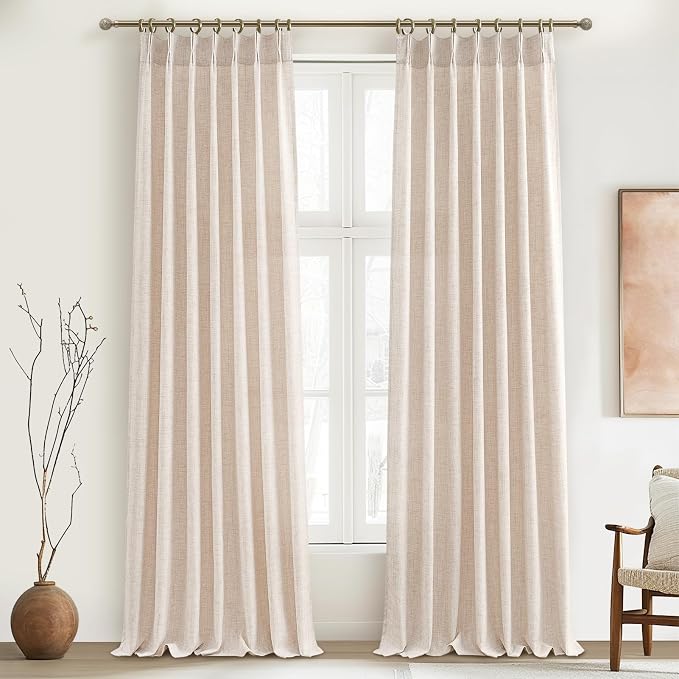 Unique Thick Natural Linen Pleat 86 Inch Curtains 2 Panels Set for Kids Bedroom, Country Farmhouse Memory Trained Pinch Pleated Burlap Light Filtering Sheer 40 x 86 Inches Length for Office with Hooks