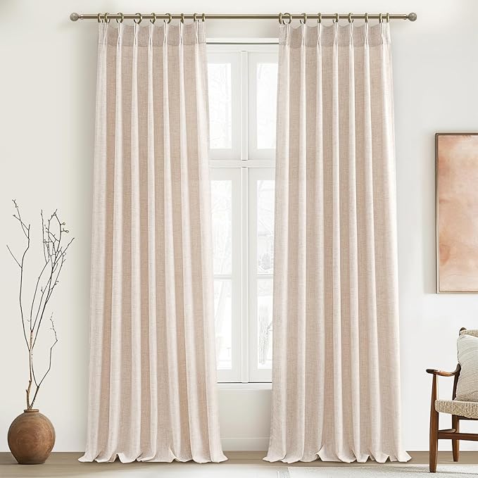 Pinch Pleat Linen Sheer Curtains 90 Inches Long for Living Room, Elegant Boho Thick Burlap Pleated Memory Trained Viral Curtain Kid Room/Office 2 Panel Set Light Filtering Privacy 90 Inch Length Taupe