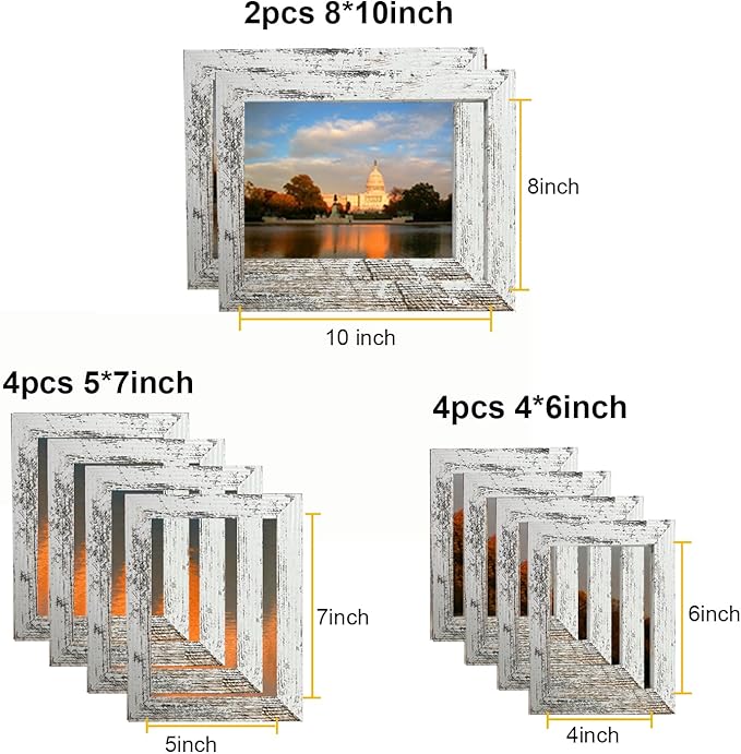 xnlkros Picture Frame Set 10 pack, Farmhouse Photo Frames, Gallery Wall Frame Collage, 8x10 5x7 4x6 Frames in 3 Different Finishes Picture Frames For Wall or Desk,Rustic White