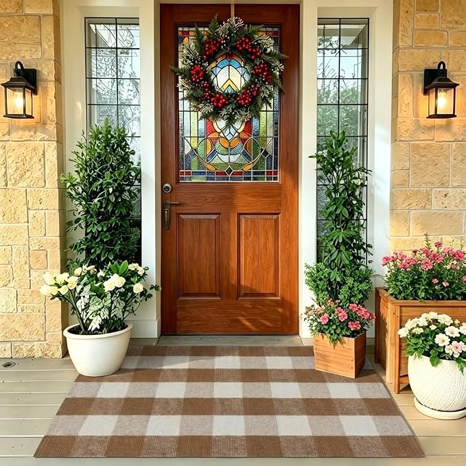SEEKSEE Buffalo Plaid Outdoor Rug 27.5x43 Coffee and White Front Door Mat, Layering Rug for Porch, Fall Doormat, Front Porch Rug for Outdoor Entrance Entryway Patio Porch Decor