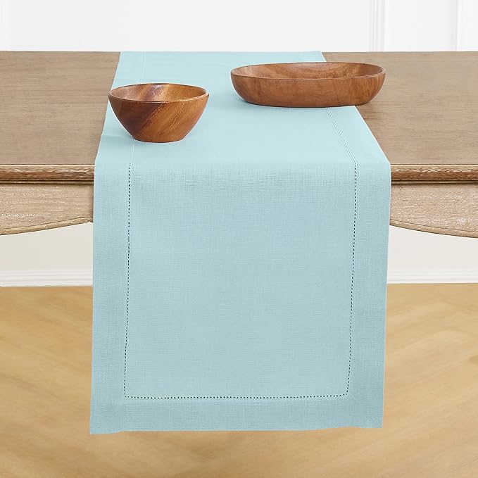 Solino Home 100% Pure Linen Table Runner Aqua Blue Hemstitch, 14 x 132 in | Classic Hemstitch, dresses up dining tables for everyday meals, hemstitched border, mitered corners, soft, OEKO-TEX Certified