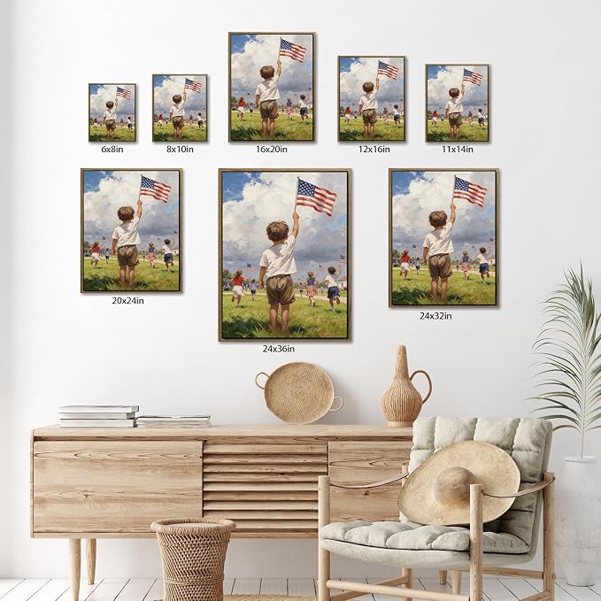American Flag Framed Canvas Wall Art, 4th of July Patriotic Canvas Prints | Boy Holding USA Flag Poster Print, Modern Independence Day Wall Decor for Living Room Kids Room Dining Room Office 8×10in