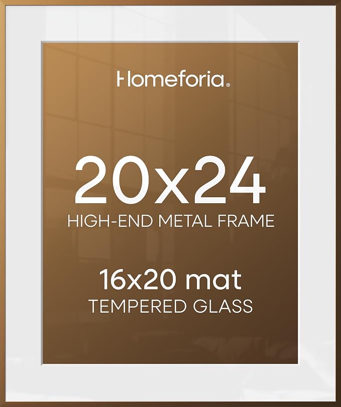 Homeforia 20x24 Bronze Picture Frame, High-End Metal, 16x20 Mat, Glass
