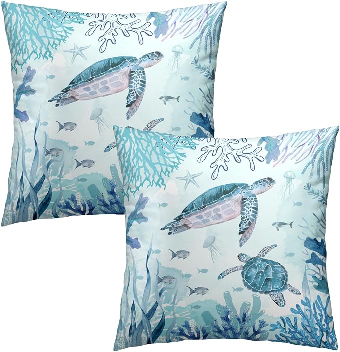 Set of 2 Sea Turtle Throw Pillow Cover 18x18 inch Nautical Coastal Ocean Coral Decorative Pillowcase Underwater Tropical Ocean Teal Blue Summer Cushion Covers for Home Couch Sofa