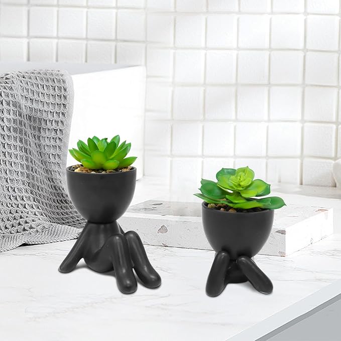 Zerzsy 2PCS Cute Artificial Succulent Plants with Black Human Shaped Pots, Fake Succulents Desk Decor Plant, Mini Potted Planter for Office Decor Desktop Bathroom Decor
