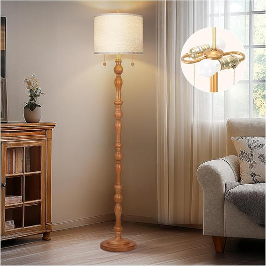 Scenekoy 65.5" Natural Solid Wood Floor Lamp with Pull Chains Dual Switch