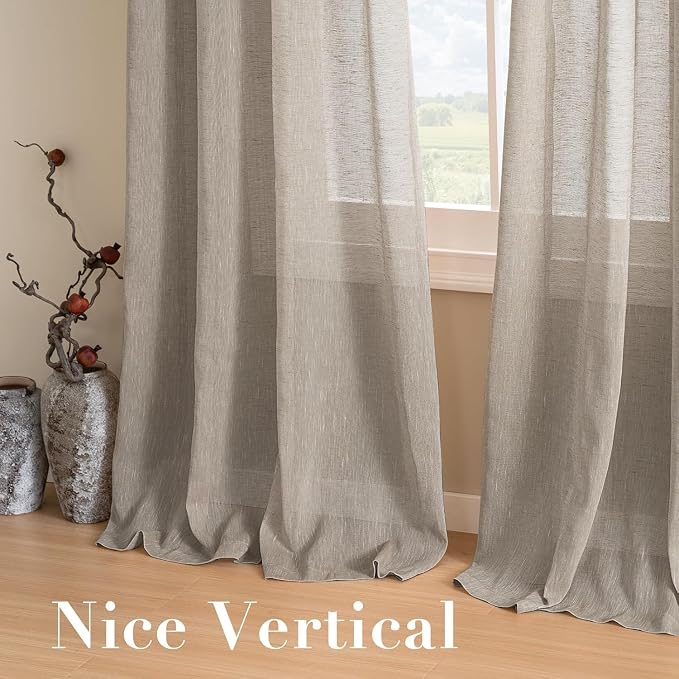 H.VERSAILTEX Linen Curtains Flax Linen Blended Curtain Panels for Living Room/Bedroom Semi Sheer Privacy Curtains 108 inch Length 2 Panels Set Nickel Grommet Window Drapes,Taupe