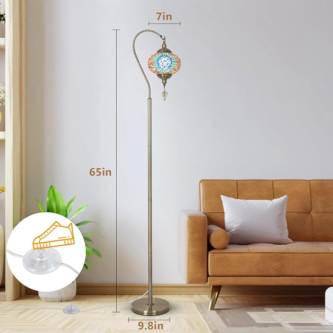 LAMSU Turkish Floor Lamp, Modern Moroccan Lamps for Living Room with Handmade Mosaic Glass Shade, Vintage Floor Lamp Tall Pole Lamp, Bronze Tiffany Standing Lamps for Bedroom Corner Light