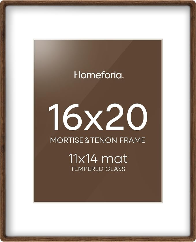 Homeforia 16x20 Mortise&Tenon Walnut Picture Frame, 11x14 Mat, Glass