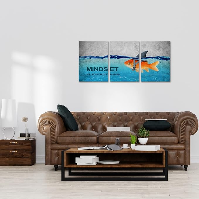 KAWAHONE 3 Panels Modern Framed Inspirational Quote Canvas Wall Art-Mindset is Everything Goldfish Strong Shark Motivational Posters Framed, Bathroom Bedroom Office Decor Framed Ready to Hang