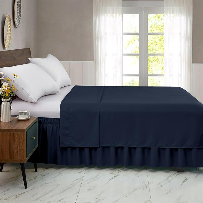 FreshCulture Queen Bed Skirt, Elastic Wrap Around Bed Skirt Queen Size, Bed Skirts for Adjustable Bed, Easy Fit with 22 Inch Drop Length, Hotel Quality Dust Ruffle for Queen Bed (Navy Blue)